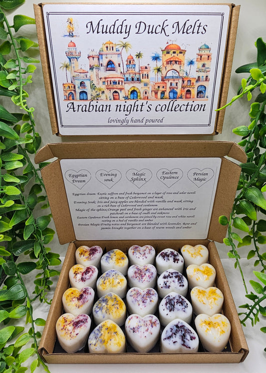 Arabian nights collection of 20 heart wax melts in gift box.